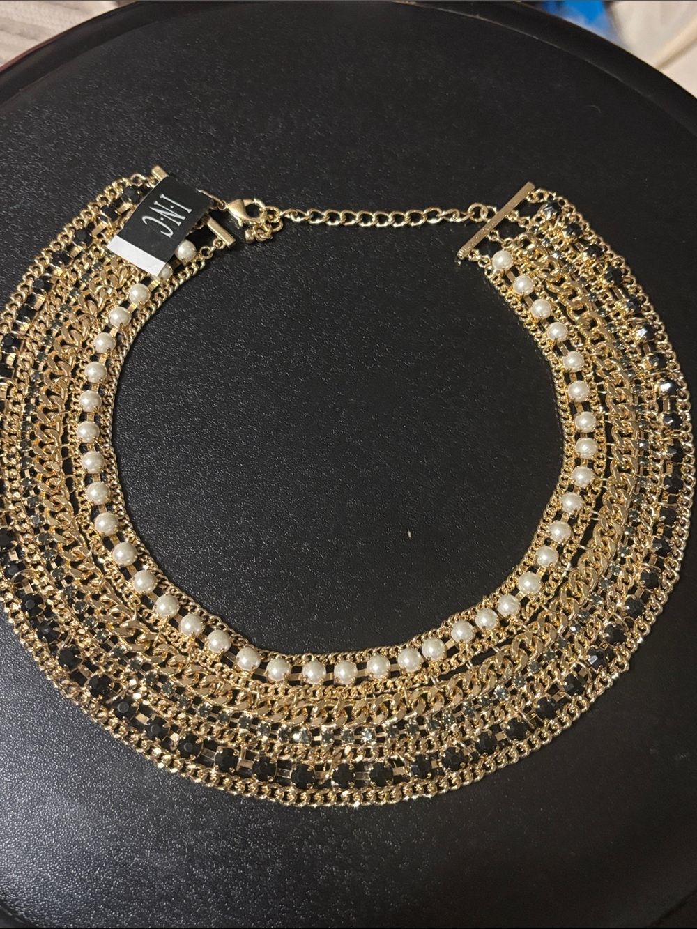 INC International Concepts Gold-Tone Necklace Rhinestones Pearls Black Beads